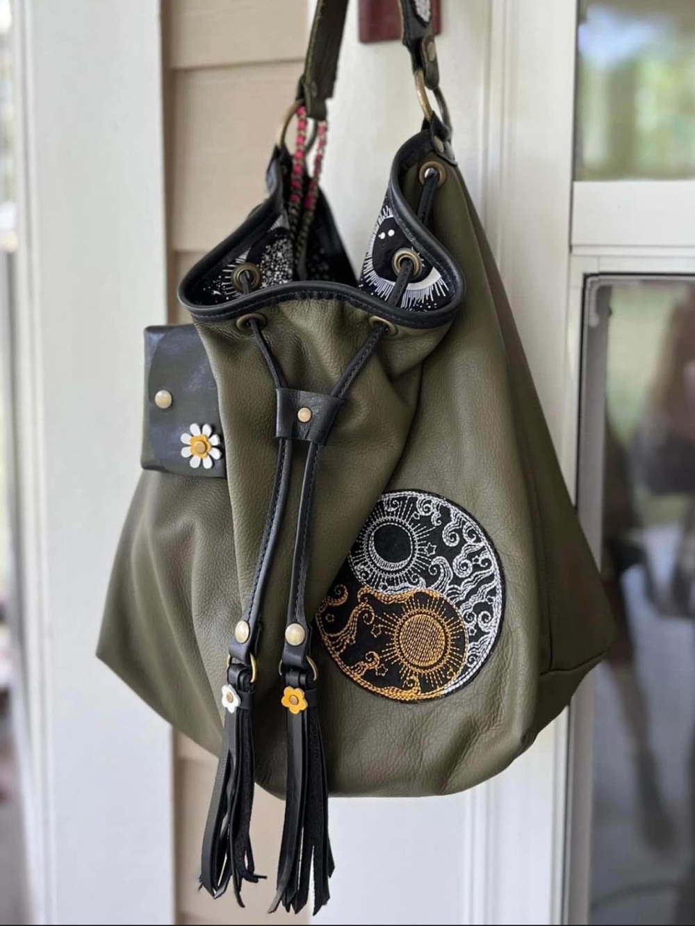 Hippie Momma Bags Olive Green Leather Big Boi Shoulder Bag Embroidered Yin Yang